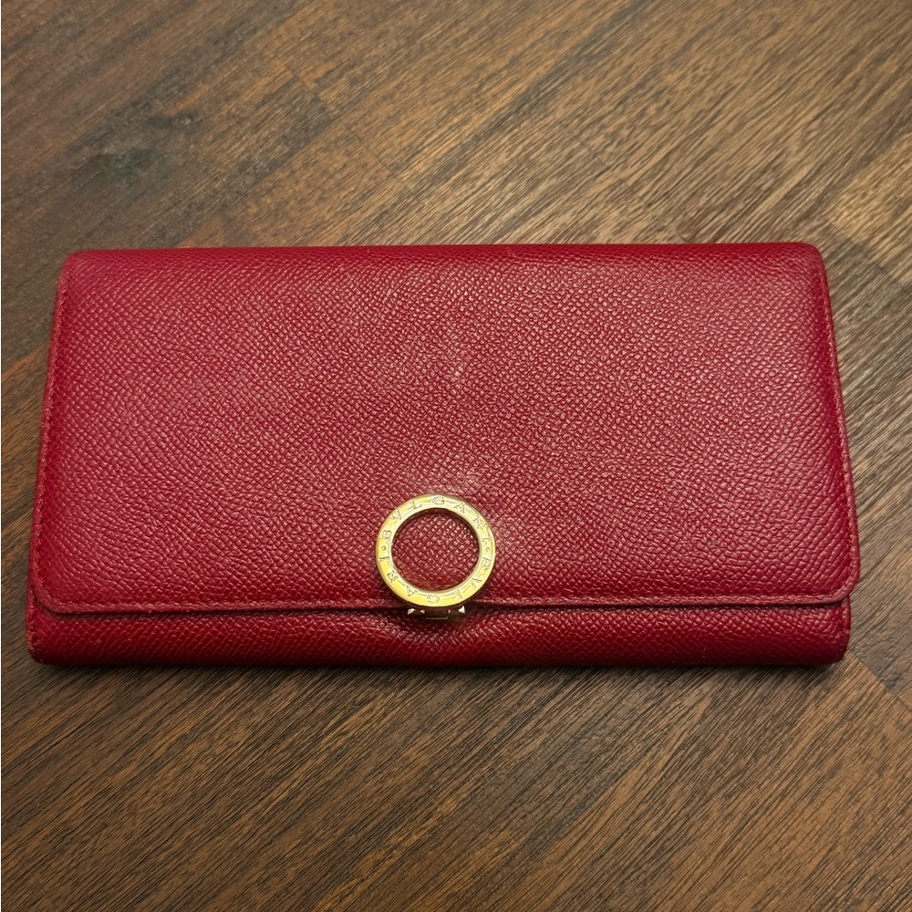 Bvlgari Red Leather Wallet with Gold Accent
